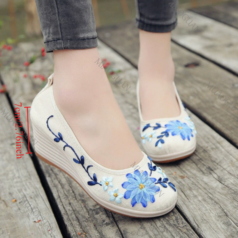 Ethnic And Fashion - Haftowane damskie wygodne buty na koturnie